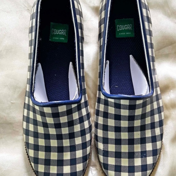 RAIN SHOES, RUBBER, LADIES SZ 8, WATERPROOF, NAVY GINGHAM, BY COUGAR, NEW NEVER - Picture 5 of 11